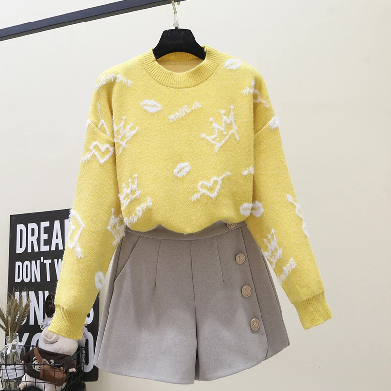 New Winter Loose Candy Color Pullover Sweater Knit Two-Piece Suit Shorts Female Cloth Short Trousers Top Leisure Set
New Winter Loose Candy Color Pullover Sweater Knit Two-Piece Suit Shorts Female Cloth Short Trousers Top Leisure Set