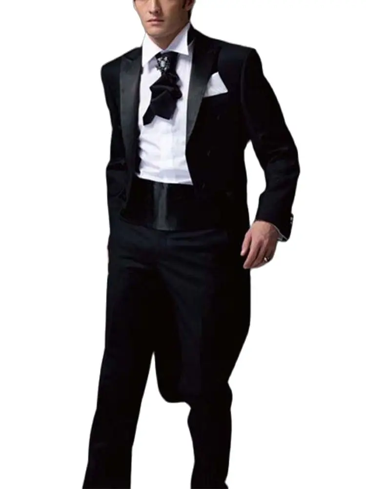 

Костюм мужской свадебный из блейзера и брюк, черного цвета, смокинг для жениха, пик с лацканами, пиджак, брюки, одежда по индивидуальному зак...
