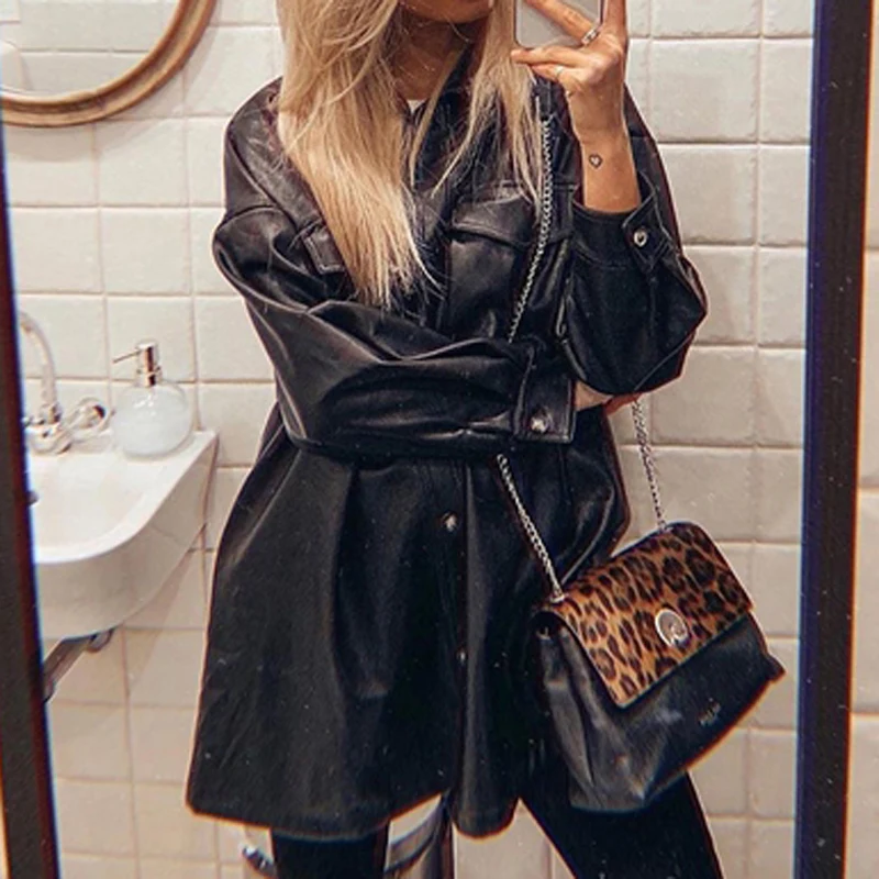 YICIYA lapel Collar PU Leather Coats Fashion Loose Pockets Long Sleeve Jackets Women Elegant Tie Belt Waist Coats Female Ladies
YICIYA lapel Collar PU Leather Coats Fashion Loose Pockets Long Sleeve Jackets Women Elegant Tie Belt Waist Coats Female Ladies