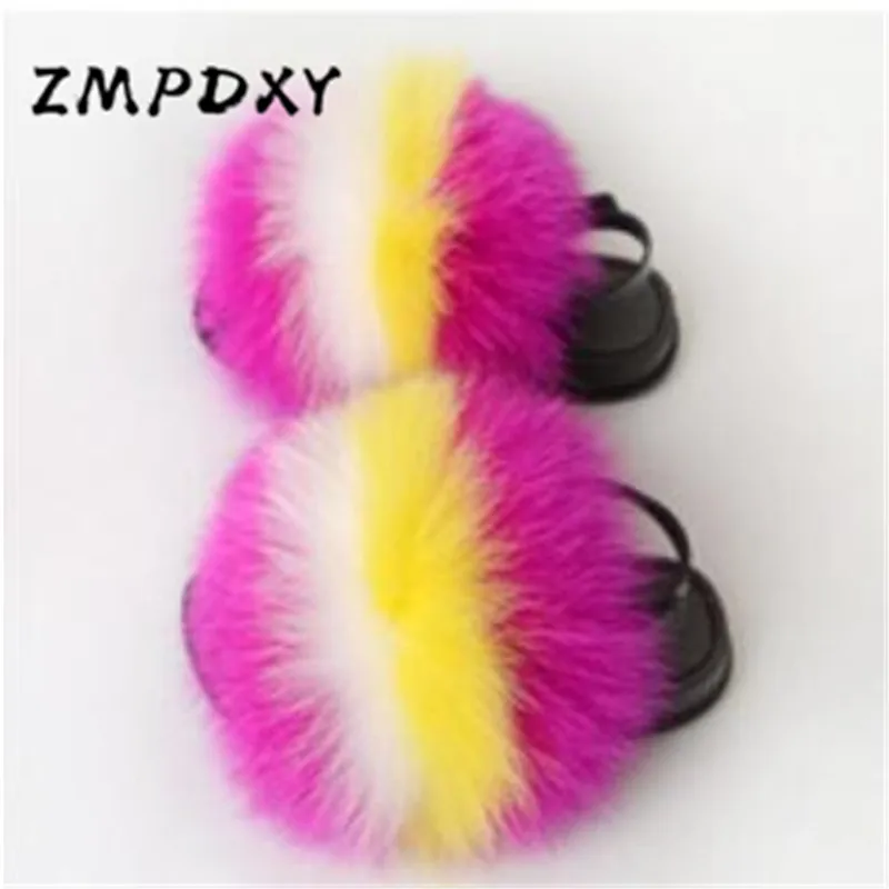 Kids Raccoon Fur Slippers Cute Fluffy Rainbow Shoes Children's Furry Real Fox Fur Slides Girls Fur Plush Sandals Home Flop Flips