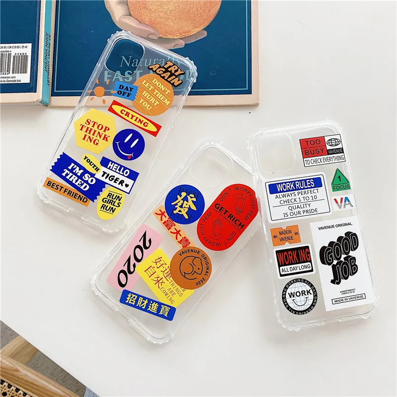 INS Smile Face Transparent Shockproof Good Job label phone case For iphone 11 Pro X XS XR 7 8 plus MAX soft silicon back Cover | Мобильные