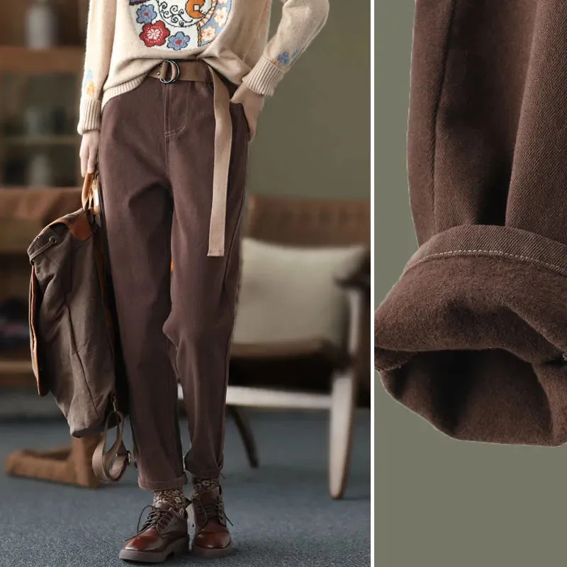 

Винтажные коричневые утепленные брюки Lucyever, женские зимние свободные теплые шаровары с высокой талией и плюшевой подкладкой, женские повсе...