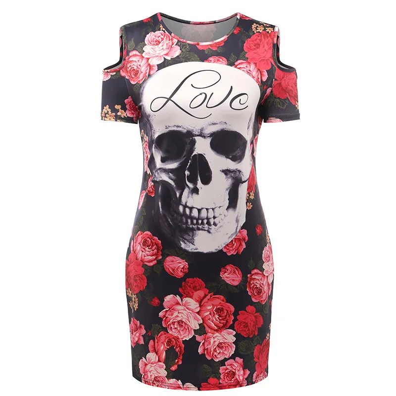 Print Skull Love Red Flower Floral Dress Women Sexy Sheath Short Sleeve Wrap Bodycon Casual Mini T Shirt Summer | Женская одежда