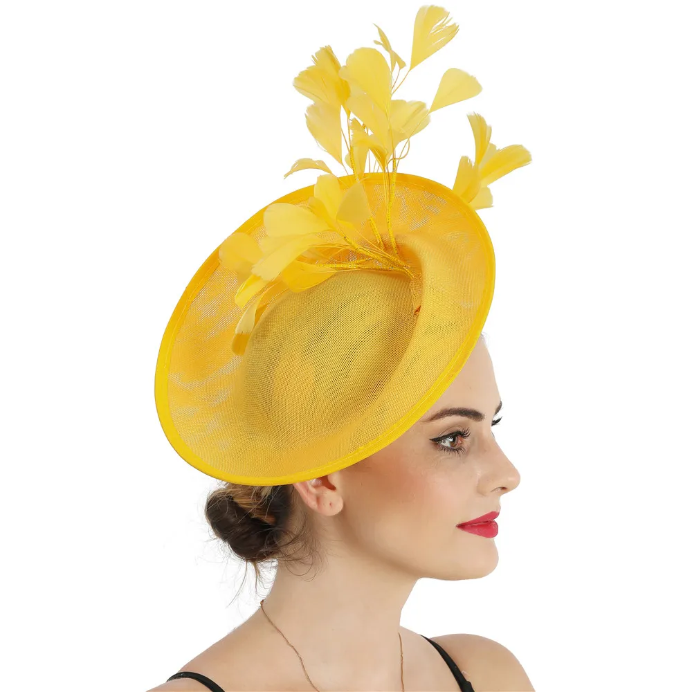 

Women Yellow Big Fasciantor Hats Headbands Ladies Headwear With Fancy Feather Hair Accessories Ladies Party Dinner Millinery Cap