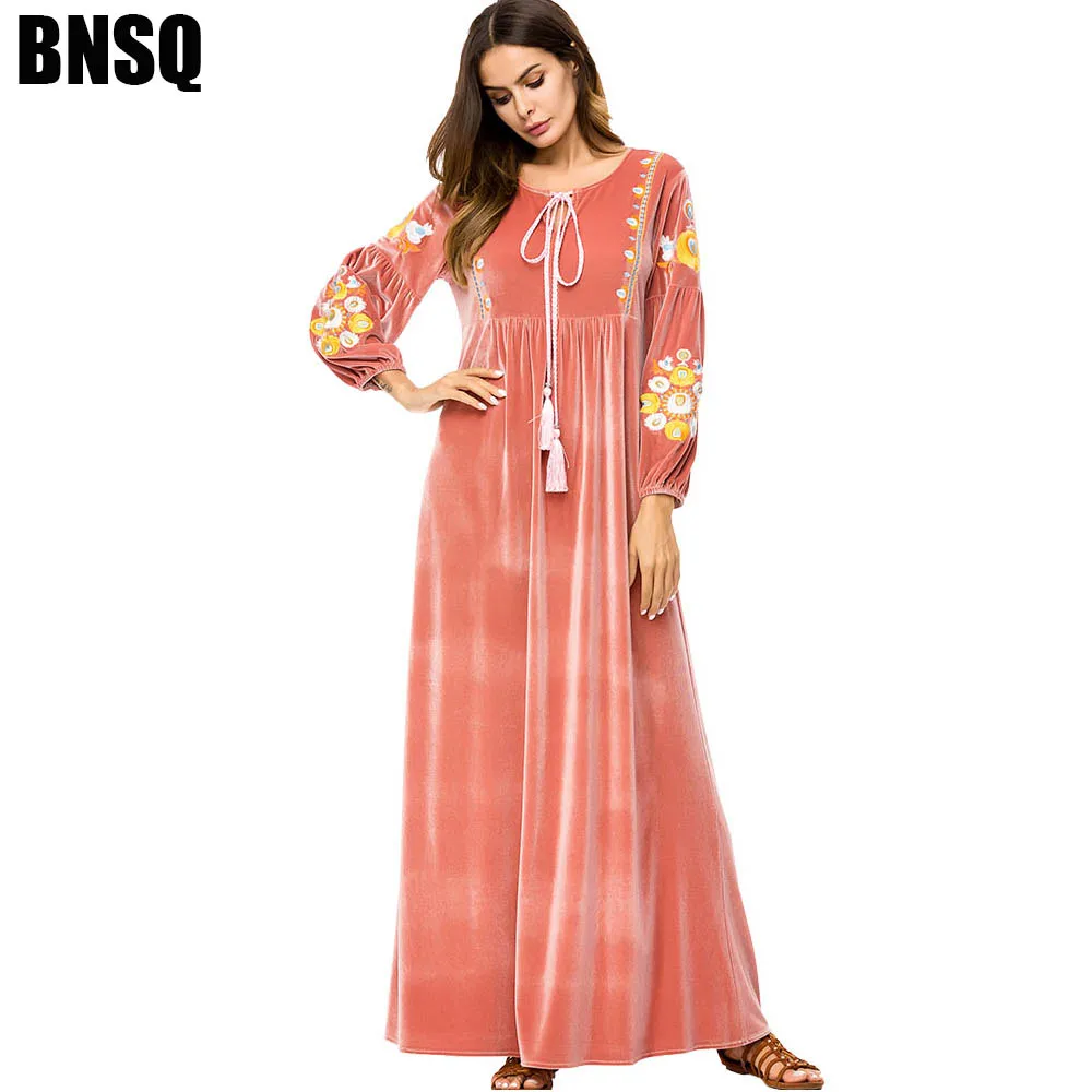 BNSQ арабское золото бархат вышивка абайя девушка мода повседневная сплошной цвет