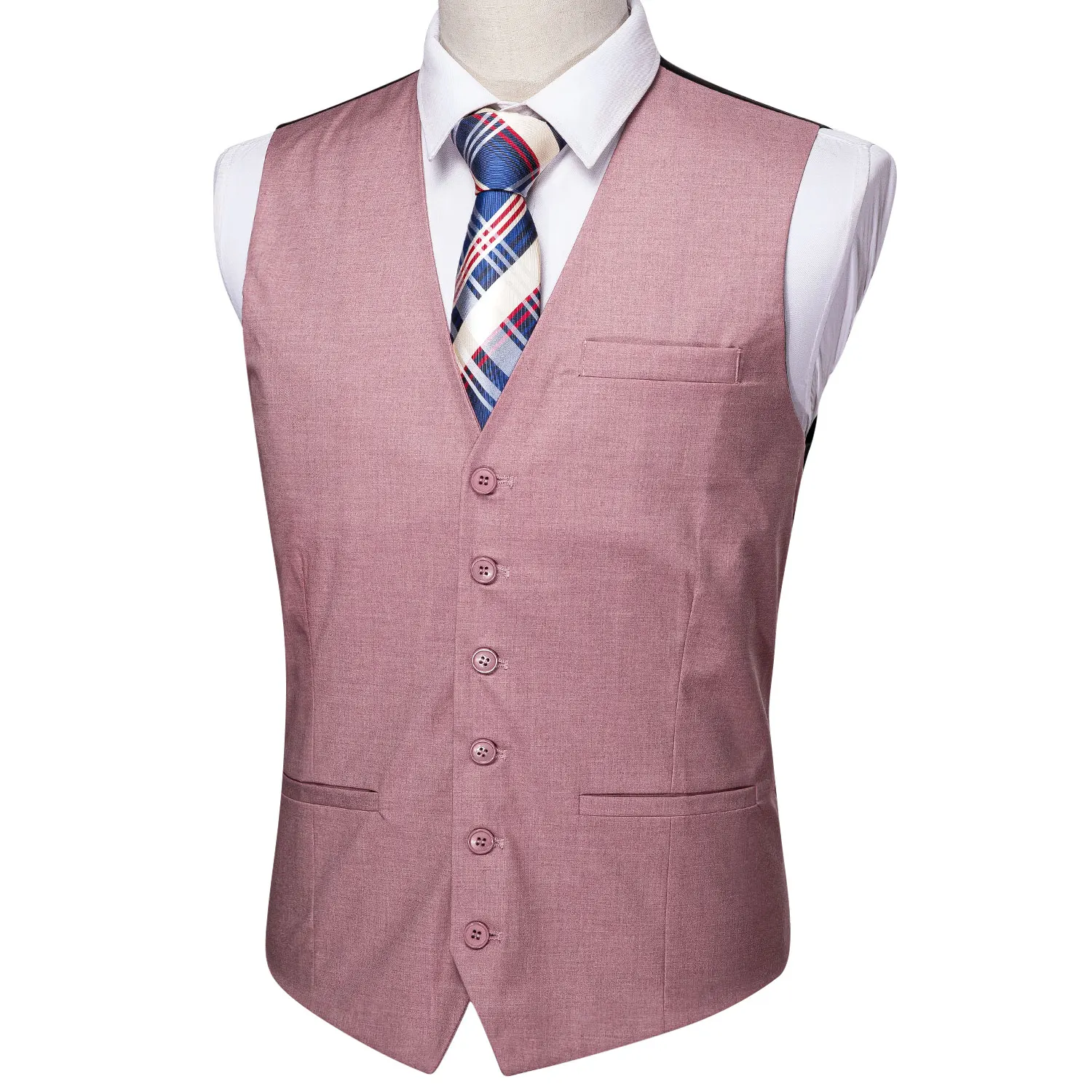 

Barry.Wang Mens Pink Solid Waistcoat Blend Tailored Collar V-neck 3 Pocket Check Suit Vest Tie Set Formal Leisure MD-2306