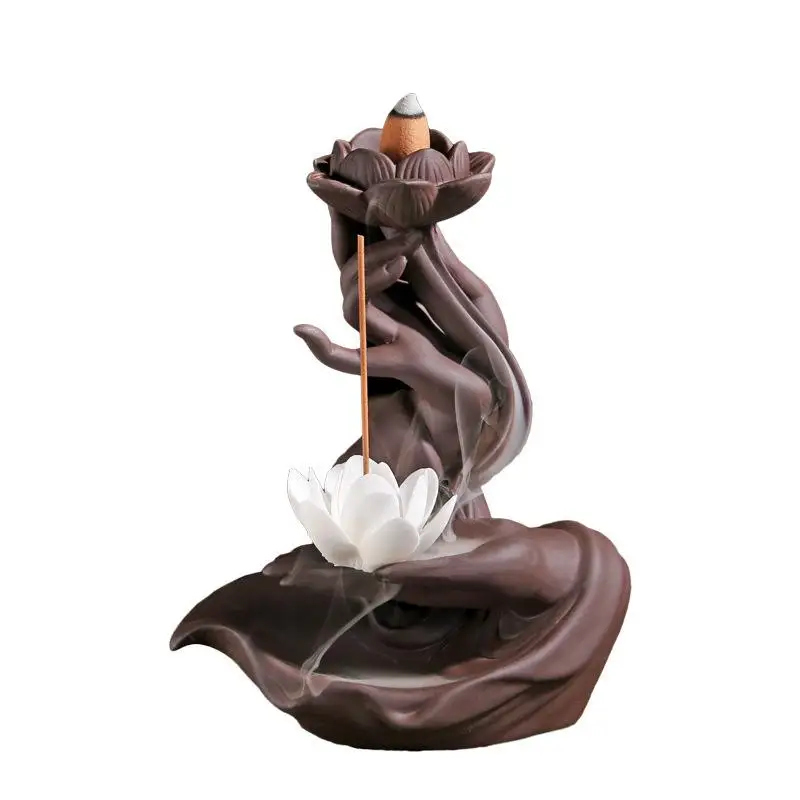 

Lotus Folwer Backflow Incense Burner Buddha Hand Smoke Waterfall Incense Holder Home Decor Porcelain Censer Use In Home Office