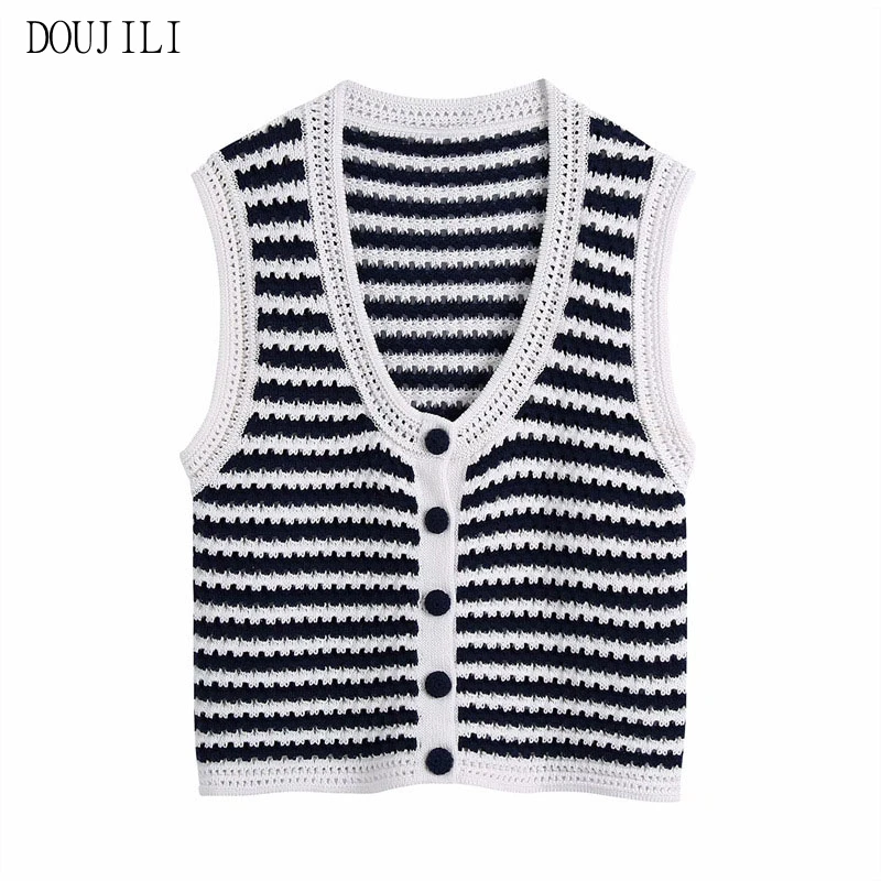 DOUJILI Women 2021 Elegant Striped Knitted Vest Sweater V Neck Sleeveless Soft Waistcoat Chic Tops For Female
DOUJILI Women 2021 Elegant Striped Knitted Vest Sweater V Neck Sleeveless Soft Waistcoat Chic Tops For Female