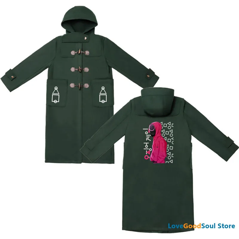 Winter Women Korean Squid Game Print Horn Button Green Hooded Coat Television Cartoon Pattern Zip Long Wool Blends Couple Jacket
Winter Women Korean Squid Game Print Horn Button Green Hooded Coat Television Cartoon Pattern Zip Long Wool Blends Couple Jacket