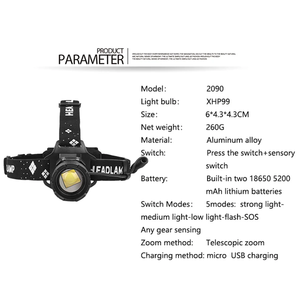 XHP99 LED Headlamp Headlight 2800LM 5200mAh 5 Modes USB Rechargeable Flashlight IPX4 Waterproof Zoom Head Torch 
XHP99 LED Headlamp Headlight 2800LM 5200mAh 5 Modes USB Rechargeable Flashlight IPX4 Waterproof Zoom Head Torch