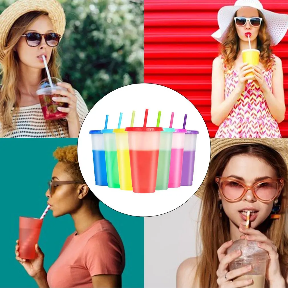 

480ml Color Changing Cold Cups Reusable Plastic Tumbler With Lid And Straw Cold Cup Straw Cup Drinkware Kitchen Gadgets