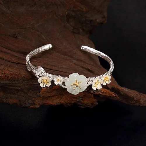 Великолепный белый нефритовый цветок сливы золотой цвет незамкнутные браслеты