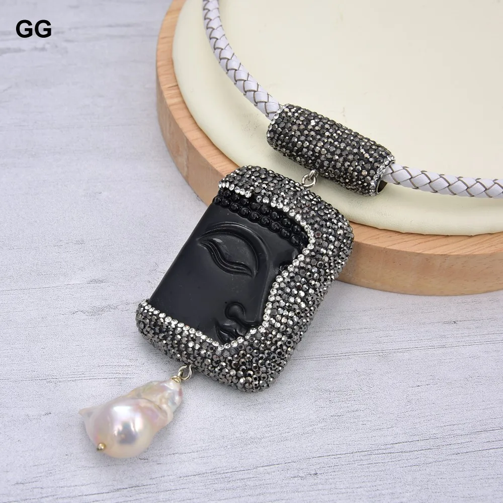 GuaiGuai Jewelry 18" White Leather Necklace White Keshi Pearl Black Agate Gems Stone Buddha Pendant 
GuaiGuai Jewelry 18" White Leather Necklace White Keshi Pearl Black Agate Gems Stone Buddha Pendant