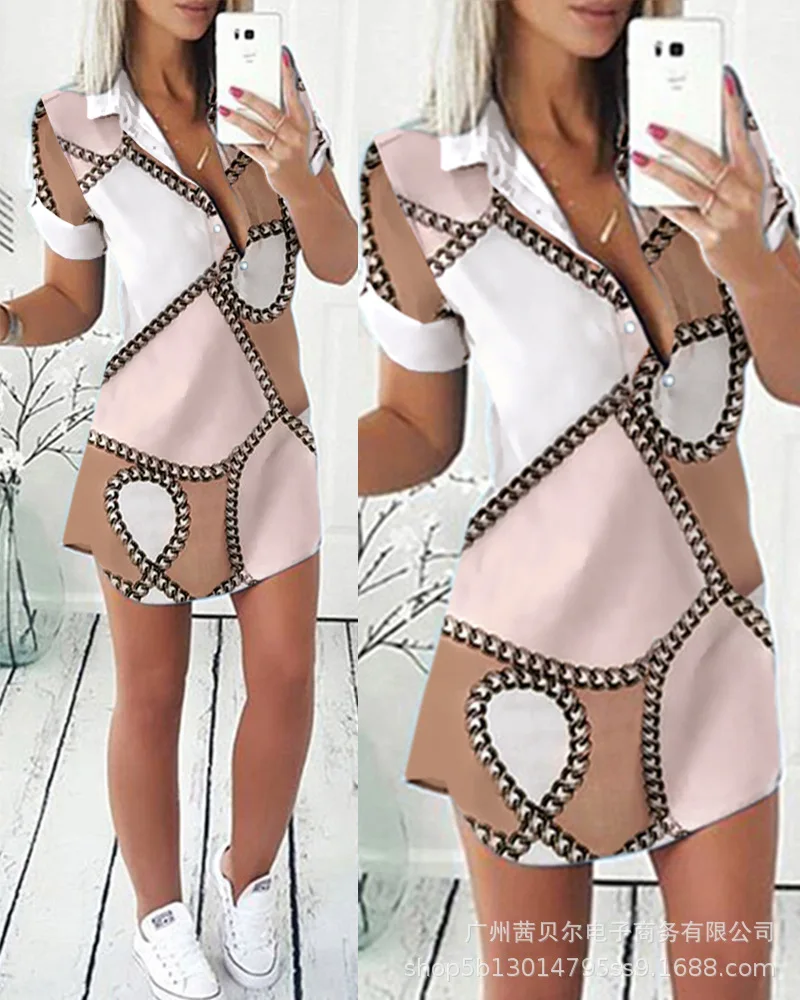 Women Mini Dress Short Sleeve High Waist Turn Down Neck Button New Printed Dress Casual Fashion Autumn
Women Mini Dress Short Sleeve High Waist Turn Down Neck Button New Printed Dress Casual Fashion Autumn