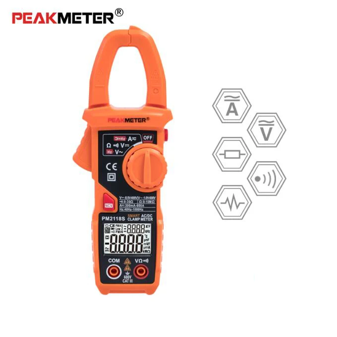 PEAKMETER PM2118S Smart AC DC Current Clamp Meter Multimeter Voltage Resistance Continuity Tester Meter With NCV and Backlight
PEAKMETER PM2118S Smart AC DC Current Clamp Meter Multimeter Voltage Resistance Continuity Tester Meter With NCV and Backlight