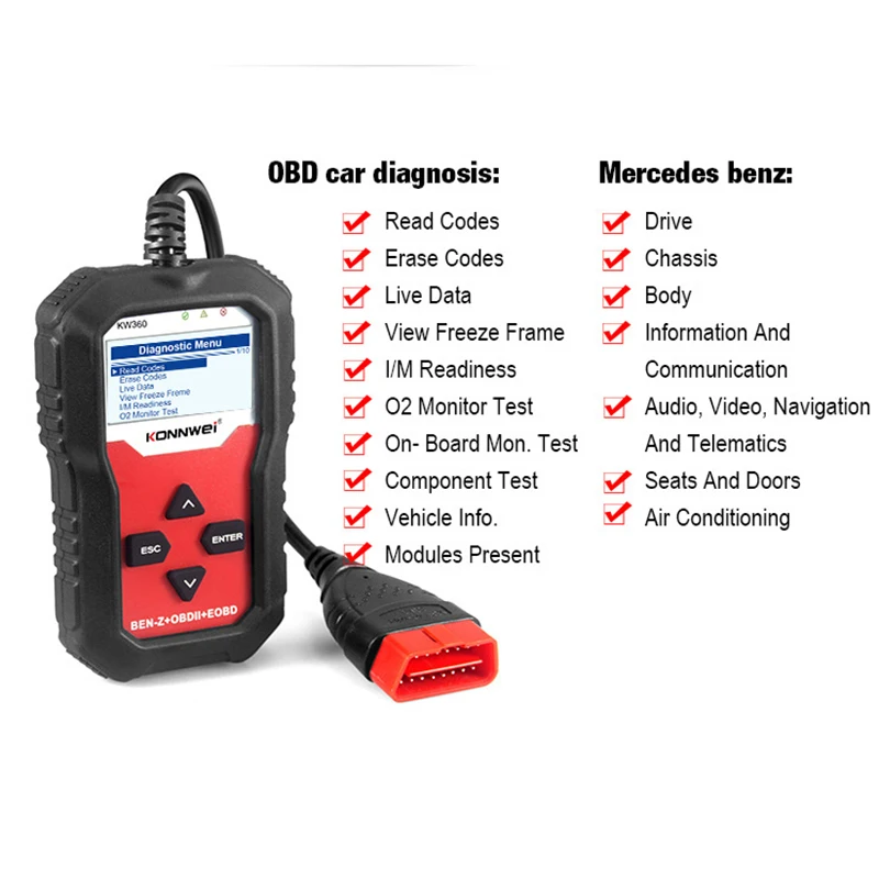 KONNWEI KW360 For Mercedes Benz OBD2 Car Diagnostic Automotive OIL TPMS Reset OBD 2 Code Reader Adapter ODB2 Scanner Auto Tools
KONNWEI KW360 For Mercedes Benz OBD2 Car Diagnostic Automotive OIL TPMS Reset OBD 2 Code Reader Adapter ODB2 Scanner Auto Tools