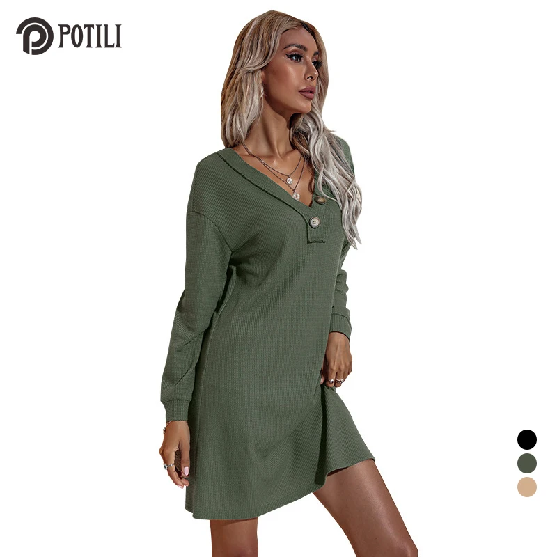 POTILI Knitted Dresses for Women 2022 Fashion Black Fall Clothes Solid Long Sleeve Clothing Office Ladies Cotton V Neck Dress
POTILI Knitted Dresses for Women 2022 Fashion Black Fall Clothes Solid Long Sleeve Clothing Office Ladies Cotton V Neck Dress