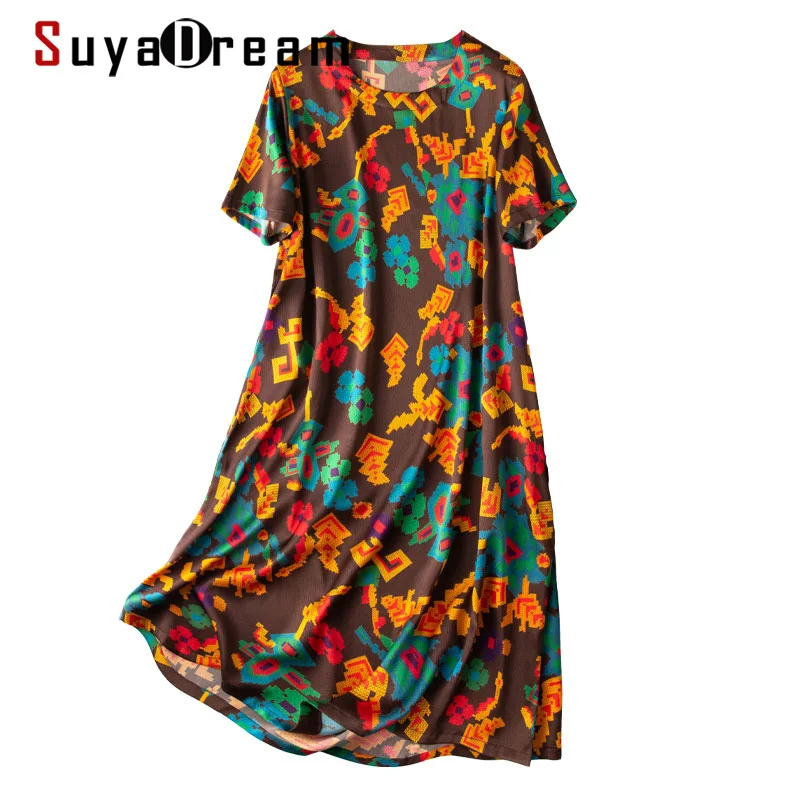 

Женское мини-платье с принтом SuyaDream, атласное платье трапециевидной формы из натурального шелка с короткими рукавами и круглым вырезом, вес...