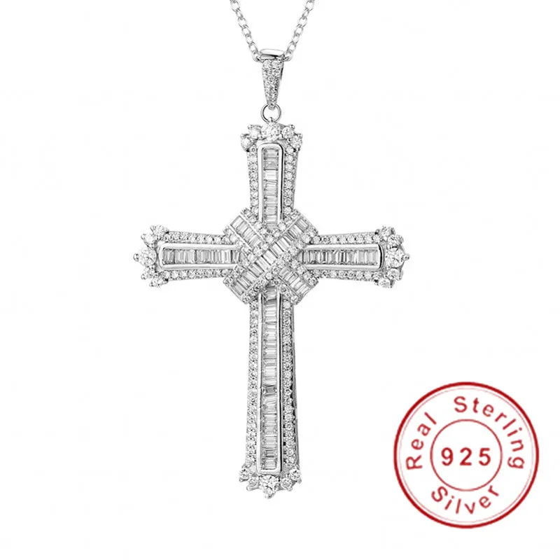 

Винтаж Большой крест кулон с бриллиантами 925 серебряный крест подвеска, ожерелье из драгоценных камней для женщин и мужчин, свадебные кокте...