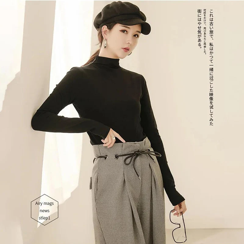 Half High Collar Solid Color Plus Velvet Bottoming Shirt Women Spring Autumn Winter Long Sleeve T-Shirt Tops Mujer Camisetas