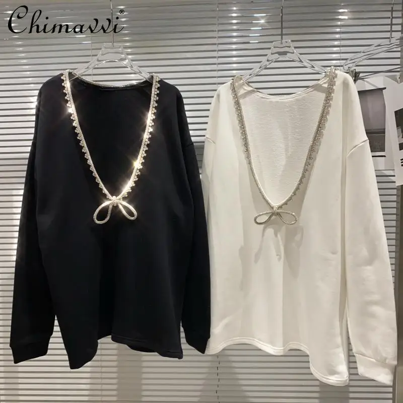 Fall 2021 New Deep V-neck Backless Rhinestone Bow Tops Fashion Thickened Sweatshirt Women Long Sleeve Loose Simple Hoodies
Fall 2021 New Deep V-neck Backless Rhinestone Bow Tops Fashion Thickened Sweatshirt Women Long Sleeve Loose Simple Hoodies