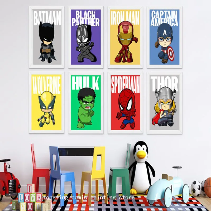 

Декор для детской спальни с супергероями, принты с супергероями, настенное искусство с супергероями, Капитан Америка, холст с изображением Человека-паука