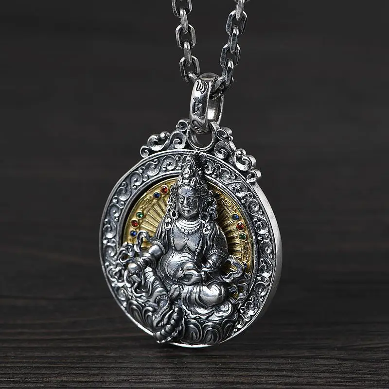 

S925 Silver Vintage Thai Silver Pendant for Men God of Wealth Tibetan Six Words Mantra Om Mani Padme Hum Silver Pendant