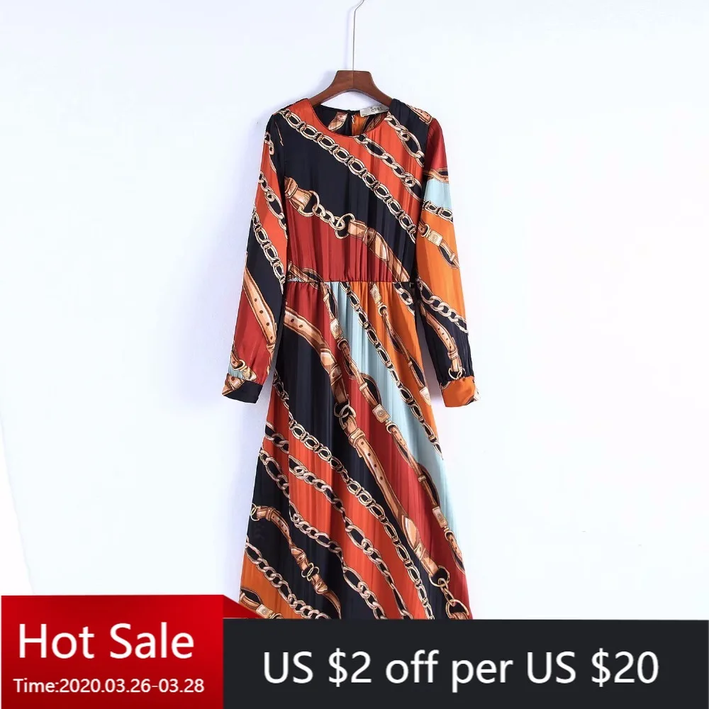 Women Spring Dress 2019 Chain Print pattern O neck Long Sleeve Dresses Sashes Retro Maxi Dress Office Party vestidos de fiesta 
Women Spring Dress 2019 Chain Print pattern O neck Long Sleeve Dresses Sashes Retro Maxi Dress Office Party vestidos de fiesta