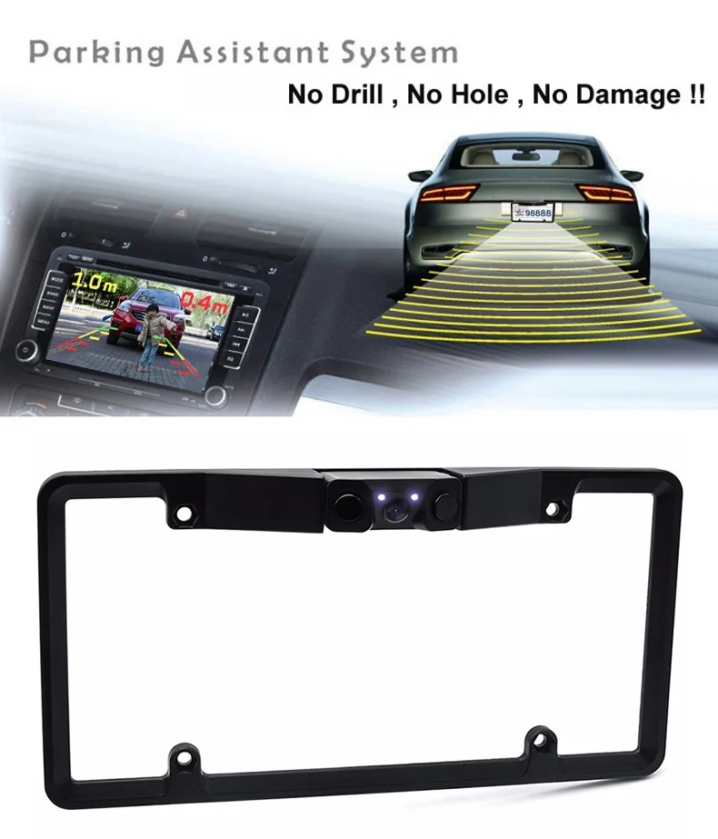 Радар заднего хода с 2 ультразвуковыми датчиками и 1 камерой, система датчиков парковки, светодиодный радар заднего хода, автомобильный номерной знак США
Радар заднего хода с 2 ультразвуковыми датчиками и 1 камерой, система датчиков парковки, светодиодный радар заднего хода, автомобильный номерной знак США