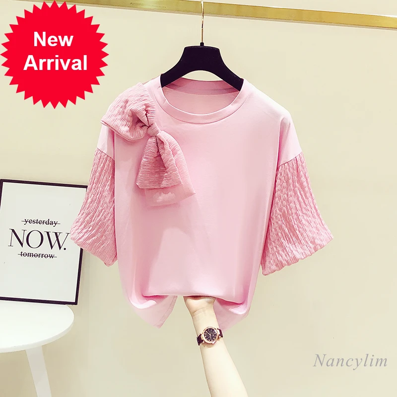 Fashion Three-Dimensional Bow Pullover Short Sleeve T-shirt Women Cute Top Fashion Round Neck Tees Femme White Pink
Fashion Three-Dimensional Bow Pullover Short Sleeve T-shirt Women Cute Top Fashion Round Neck Tees Femme White Pink