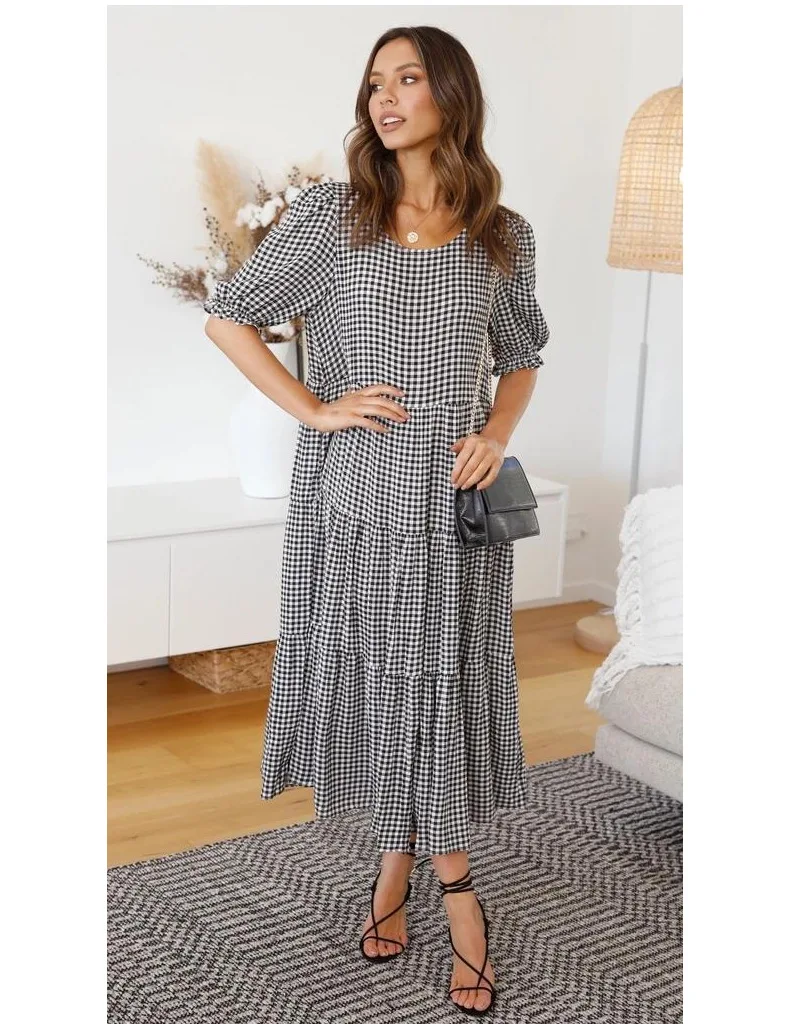 New Puff Sleeves O-neck Black White Plaid Patchwork Anklet-Length Dress Ladies Loose Sundress for Women Vestidos De Mujer Casual
New Puff Sleeves O-neck Black White Plaid Patchwork Anklet-Length Dress Ladies Loose Sundress for Women Vestidos De Mujer Casual