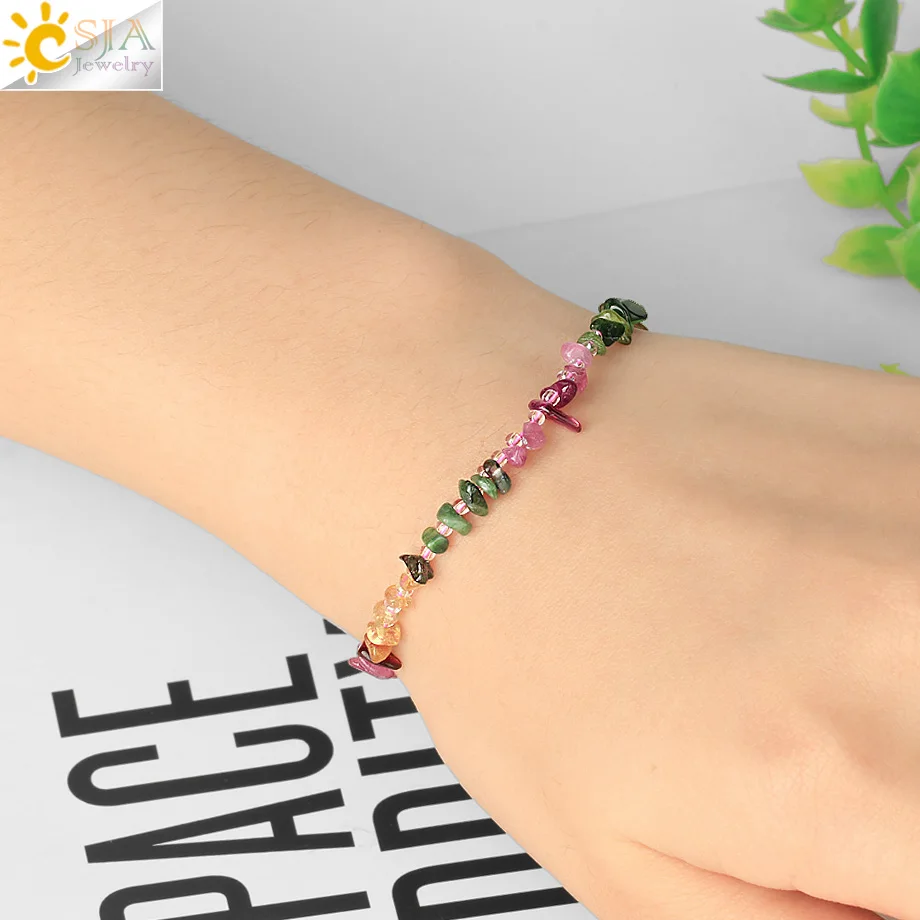 

CSJA Colorful Tourmaline Bracelet Natural Stone Chip Beads Bracelets on Hand Silver Color 2022 Jewelry Reiki Lucky Healthy S798