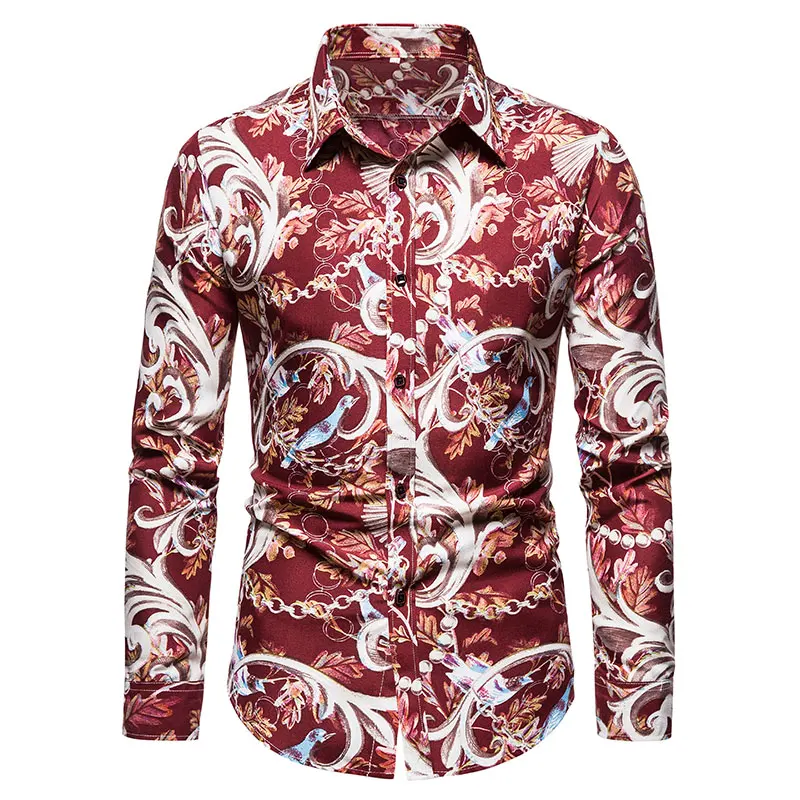 

50kg-100kg Mens Fashion Birds and Flowers Printed Turn Down Collar Regular Fit Button Down Long Sleeve Shirts