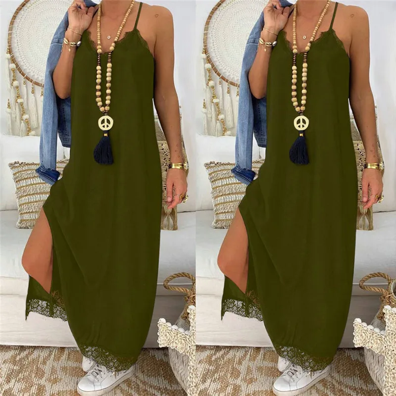 Sexy Black Lace Patchwork Strap Maxi Dress V Neck Sleeveless Side Split Women Summer Dresses Casual Beach Dress Loose Robe Femme 
Sexy Black Lace Patchwork Strap Maxi Dress V Neck Sleeveless Side Split Women Summer Dresses Casual Beach Dress Loose Robe Femme