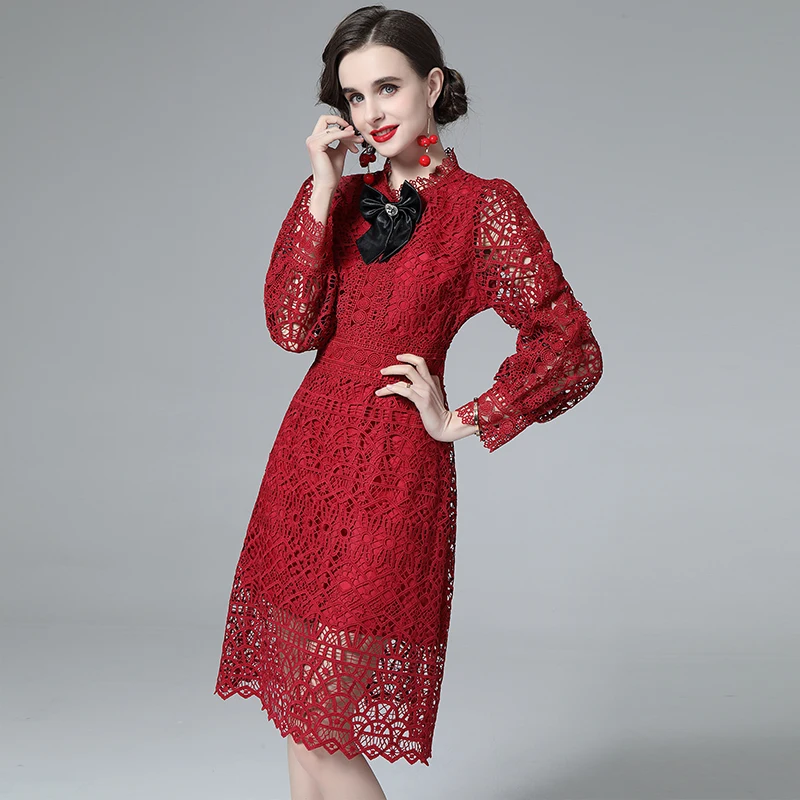 

JSXDHK 2022 Spring Water Soluble Lace Red Dress High Quality Women Diamonds Bow Hollow Out Hook Flower Embroidery Party Vestidos