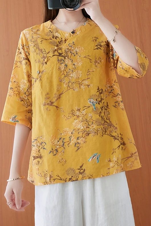 COIGARSAM Chinese Style blouse women Summer Casual Vintage Short Sleeve blusas womens tops and blouses Yellow 8837 
COIGARSAM Chinese Style blouse women Summer Casual Vintage Short Sleeve blusas womens tops and blouses Yellow 8837