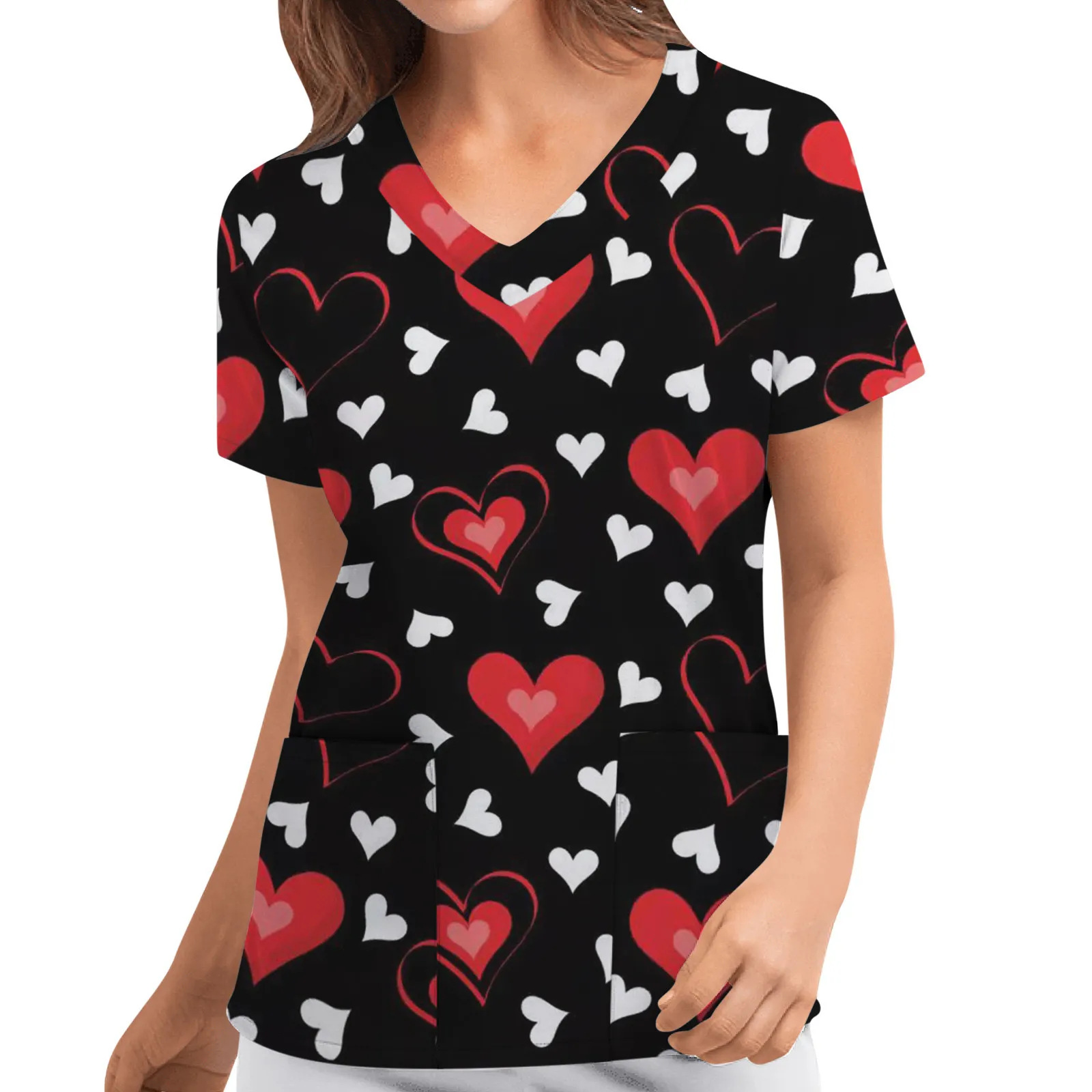 

Valentine's Day Print Working Uniform Clinic Pocket Blouse Nurse Women Short Sleeve V-neck Scrub Tops Healthcare Carer Tunic