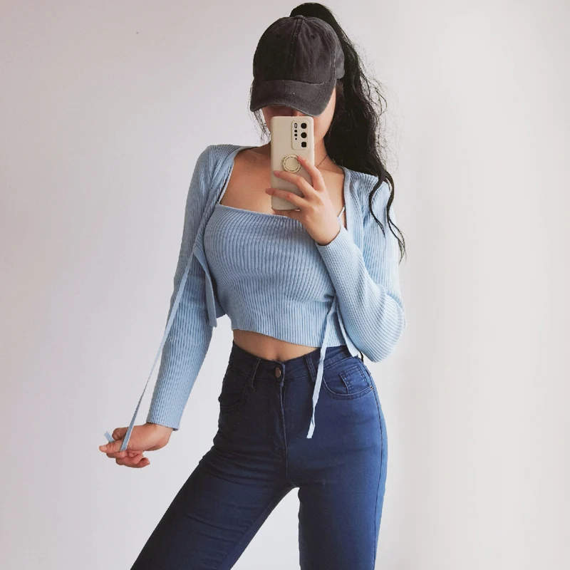 Женский трикотажный топ на бретельках и кардиган с завязками спереди, комплект из двух предметов, кардиган и двойная кофта на бретельках 
Женский трикотажный топ на бретельках и кардиган с завязками спереди, комплект из двух предметов, кардиган и двойная кофта на бретельках