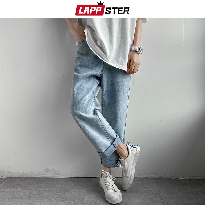 

LAPPSTER мужские корейские Модные шаровары синие джинсы брюки 2020 винтажные прямые брюки Харадзюку джинсы мешковатые ремень высокое качество д...