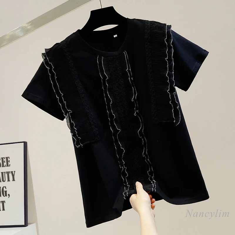 Pleated Lace Ruffles T Shirt Woman Round Neck Short Sleeve Casual All-Match T-shirts Female Temperament Tops White Black
Pleated Lace Ruffles T Shirt Woman Round Neck Short Sleeve Casual All-Match T-shirts Female Temperament Tops White Black