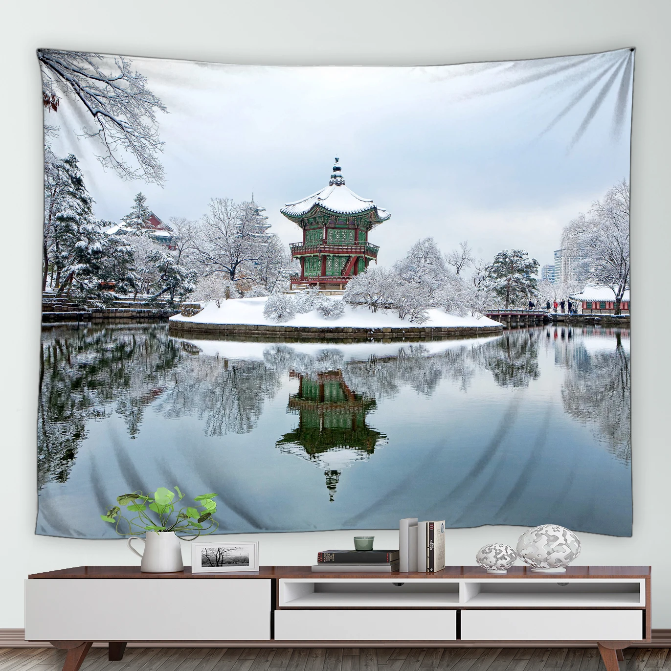 

Winter Landscape Tapestry Snow Trees Building Pavilion Chinese style Park Natural Scenery Wall Hanging Living Room Tapestries