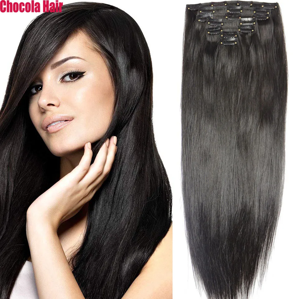 

Chocola Full Head Brazilian Machine Made Remy Hair 7pcs Set 140g 16"-28" Clip In Human Hair Extensions Natural Straight