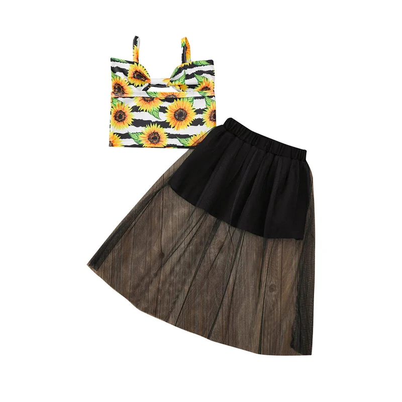 2 Pieces Kids fashion Suit Set, Girls Stripe/ Sunflower Print Sleeveless Tops+ Solid Color Skirt for Summer, 2021 
2 Pieces Kids fashion Suit Set, Girls Stripe/ Sunflower Print Sleeveless Tops+ Solid Color Skirt for Summer, 2021