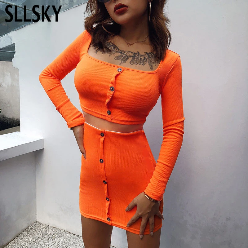SLLSKY Orange Knitted Off Shoulder 2 Pieces Set Women Spring Summer Button Skinny Slash Neck Crop Tops Sexy Mini Skirts Elastic
SLLSKY Orange Knitted Off Shoulder 2 Pieces Set Women Spring Summer Button Skinny Slash Neck Crop Tops Sexy Mini Skirts Elastic
