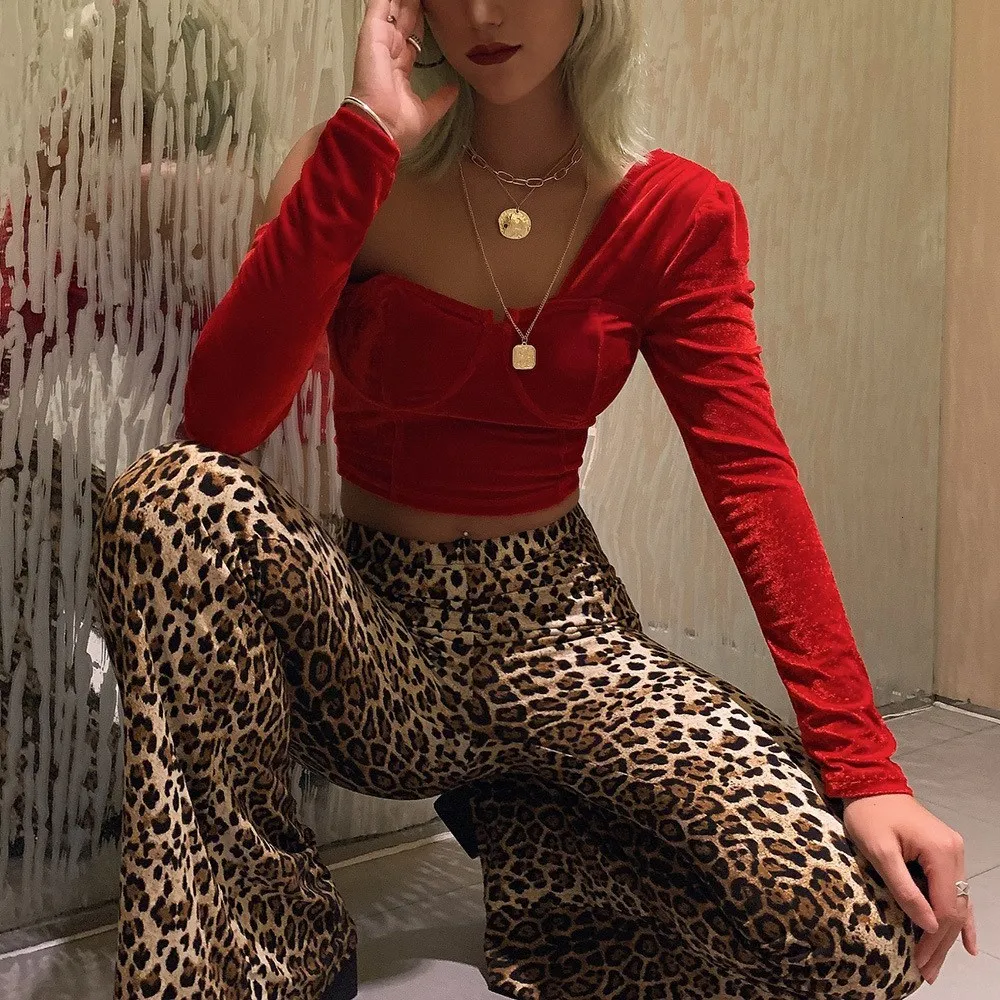 Velvet One-Shoulder Sexy Long Sleeve Crop Tops Women Streetwear Party Club T-Shirts Asymmetrical Slim Fit Red Tees | Женская одежда