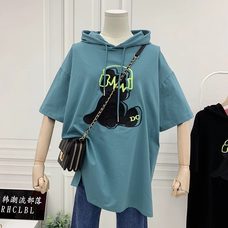 2021 Spring Summer Hooded T-shirt Women Short Sleeve Loose European Top Embroidery Cartoon Bear Lazy Casual Student Fashion Tee
2021 Spring Summer Hooded T-shirt Women Short Sleeve Loose European Top Embroidery Cartoon Bear Lazy Casual Student Fashion Tee