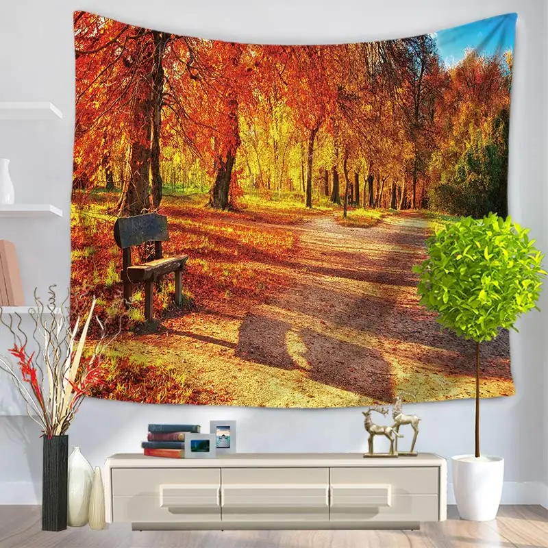 

Nature Autumn forest tapestry wall blanket Wheatfield Maple Leaves Beautiful sunset Family bedroom decoration