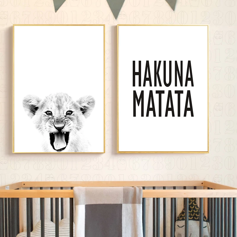 Hakuna Matata Quote Scandinavian Art Canvas Painting Wildlife Animal Lion Baby Print Black White Poster for Kids Room Home Decor 
Hakuna Matata Quote Scandinavian Art Canvas Painting Wildlife Animal Lion Baby Print Black White Poster for Kids Room Home Decor