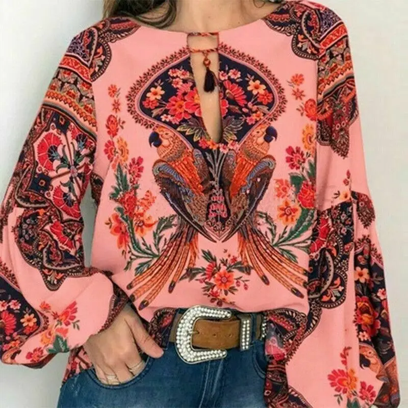 Women Long Sleeve Floral Print Tops Boho Oversize Loose Tunic Top Blouse Shirt