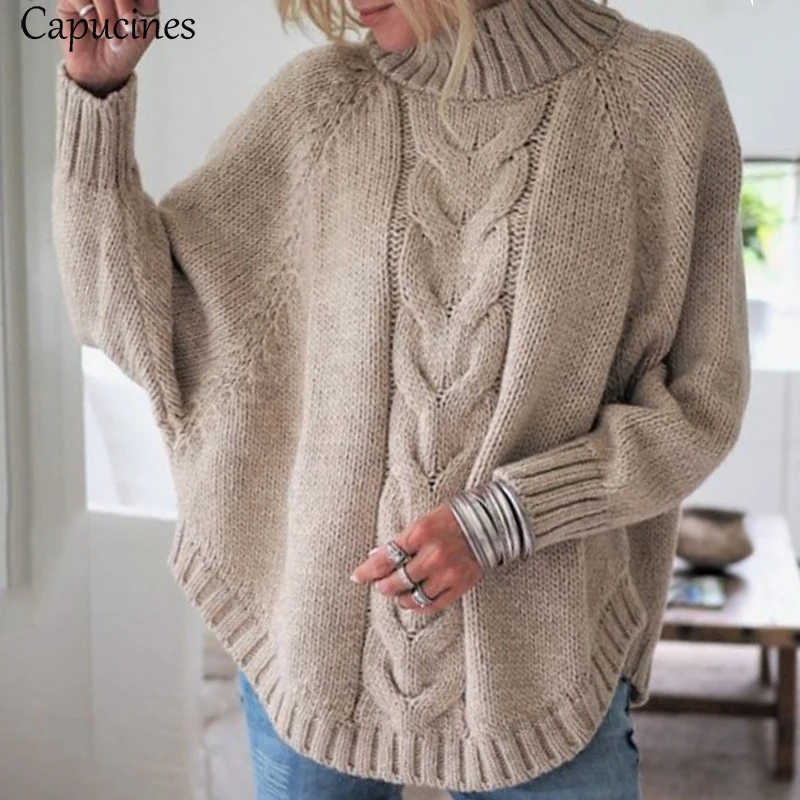 

Capucines Batwing Sleeve Asymmetrical Hem Sweater Women Solid Twist Jumpers Round Neck Casual Loose Pullovers Winter Clothes